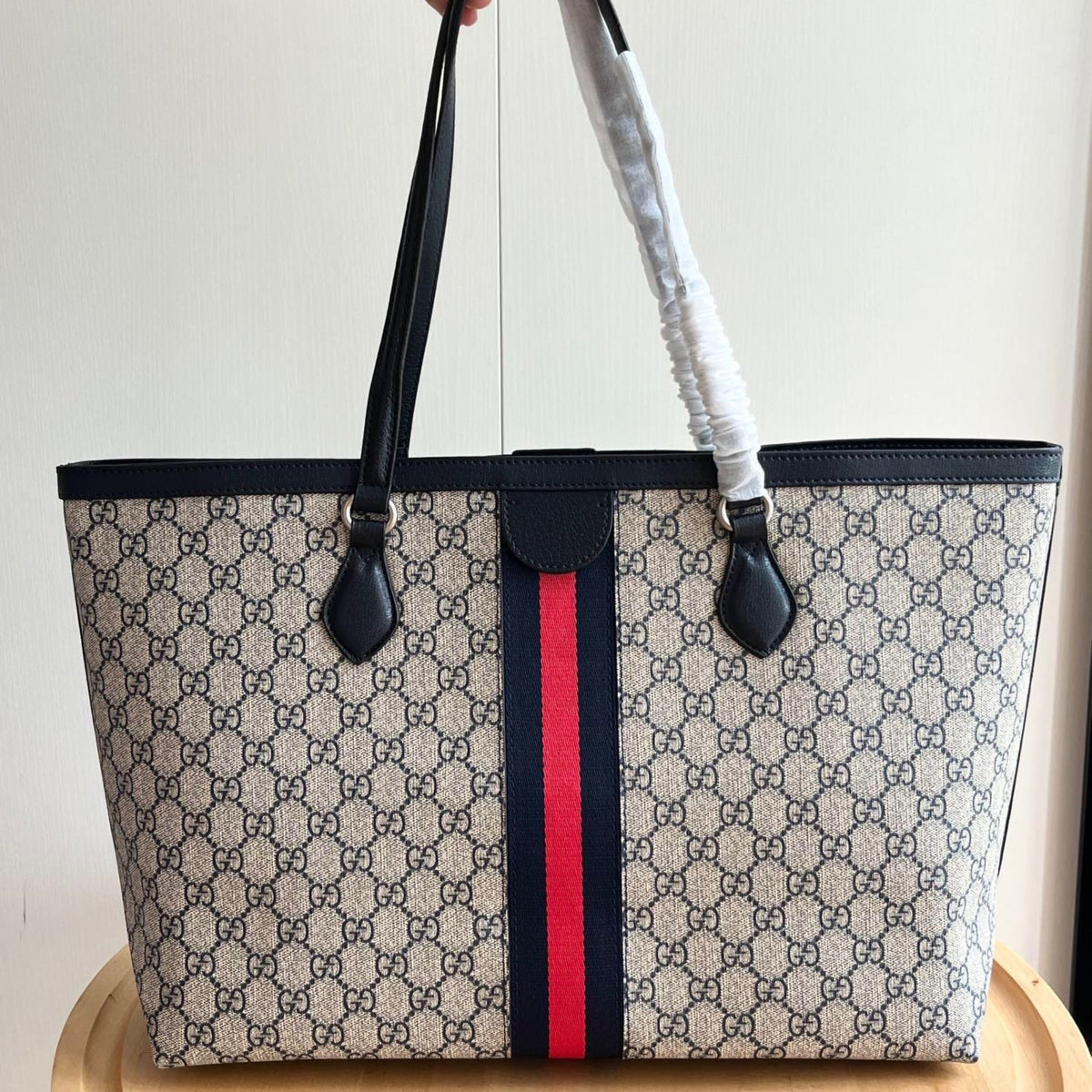 GG Ophidia Tote Medium Supreme Beige Web Red and Blue 38cm