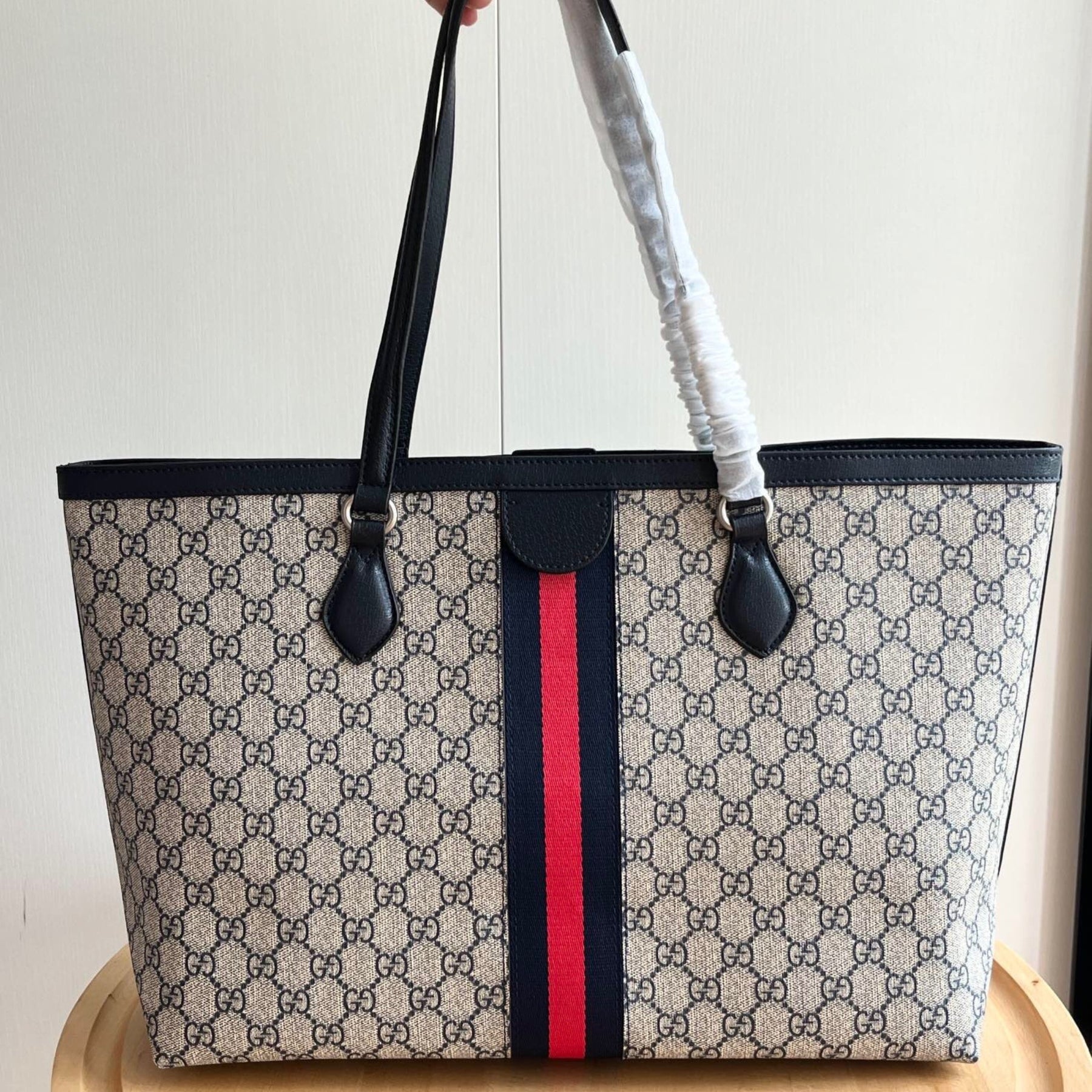 GG Ophidia Tote Medium Supreme Beige Web Red and Blue 38cm