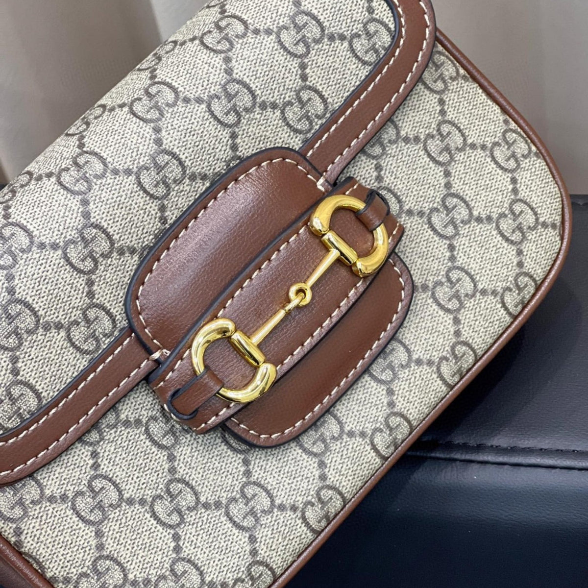 GG Horsebit 1955 Canvas with brown small 20cm shoulder bag