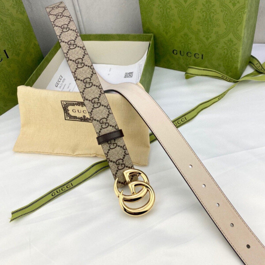 GG Canvas Off-White Belt with Gold 3cm wide