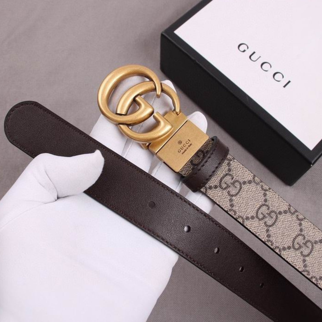 GG Double-Sided Canvas and Brown Belt with Gold 3cm wide