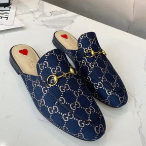 GG Princetown Blue Canvas Leather Mule