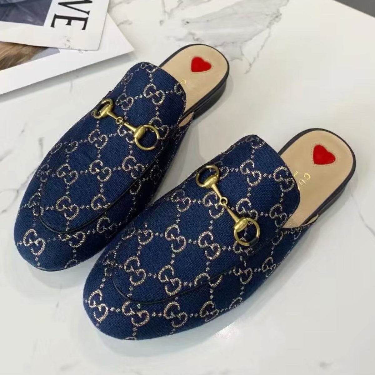GG Princetown Blue Canvas Leather Mule
