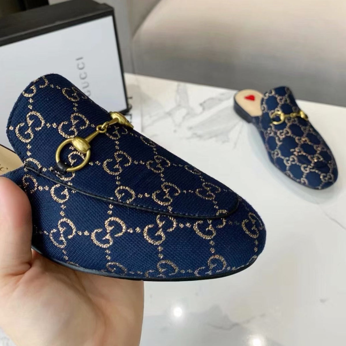 GG Princetown Blue Canvas Leather Mule