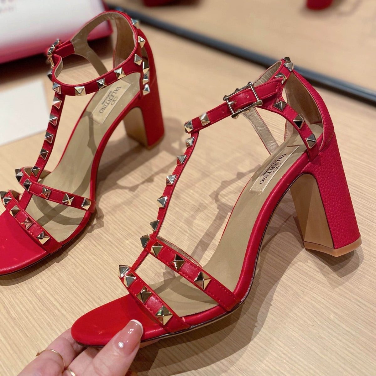 VLT Red Leather Sandal with details, 8.5cm heel