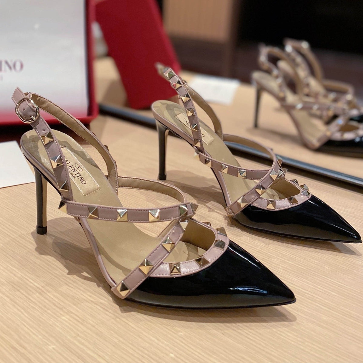 VLT Black Leather Pumps with Upper Details, 9cm Heel