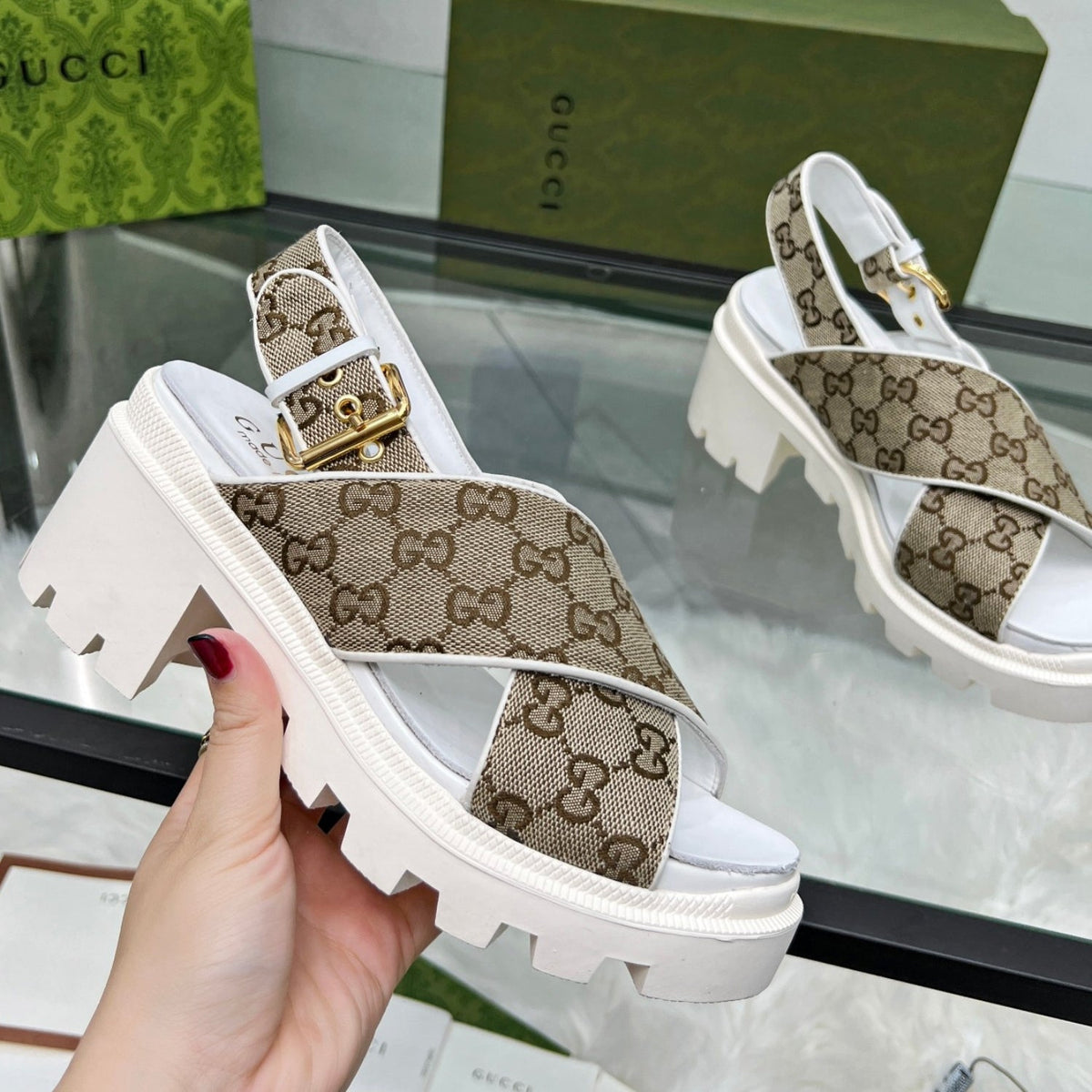 GG Lug Sole White and Canvas Sandal