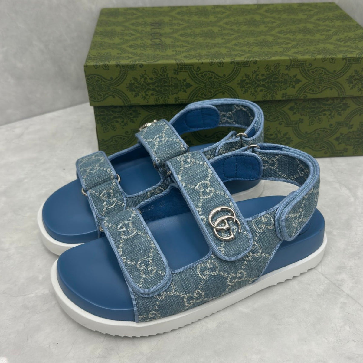 GG Slider Sandal with Double GG Blue Heel
