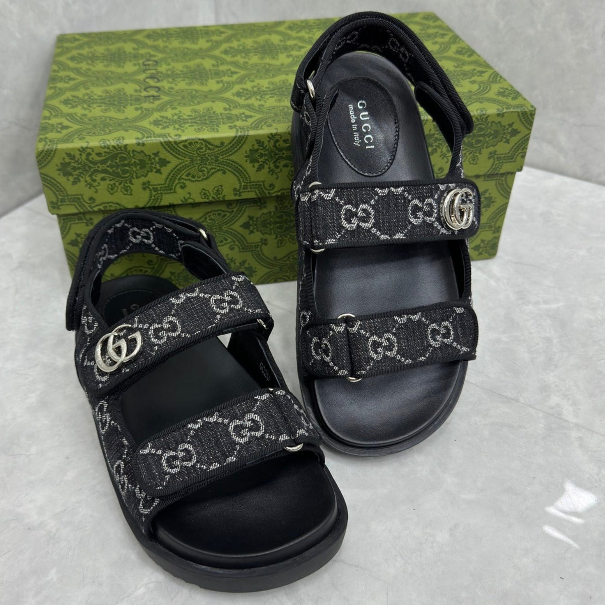 GG Slider Sandal with Double GG Black and White Heel