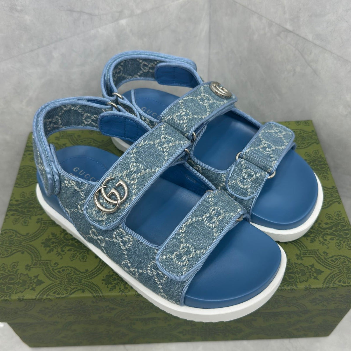 GG Slider Sandal with Double GG Blue Heel
