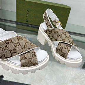 GG Lug Sole White and Canvas Sandal