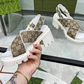 GG Lug Sole White and Canvas Sandal
