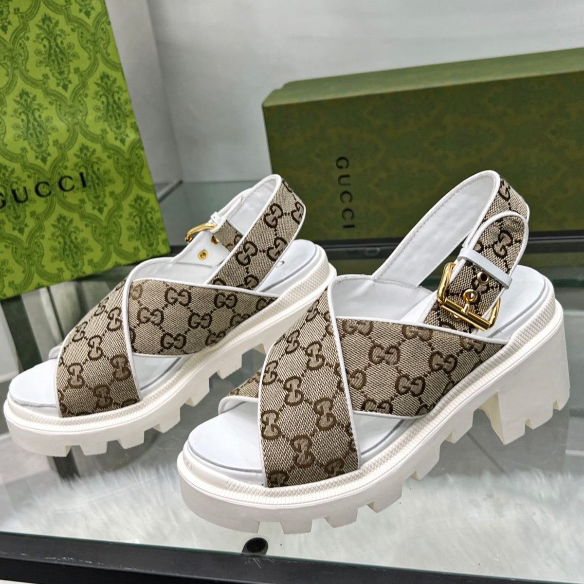 GG Lug Sole White and Canvas Sandal