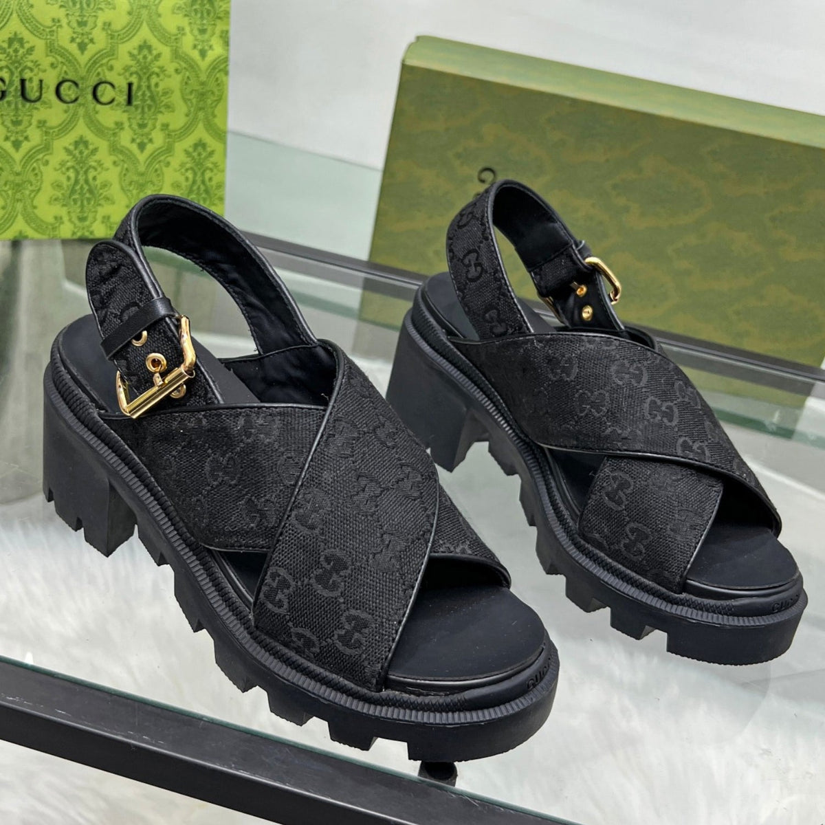 GG Lug Sole Black Canvas Sandal