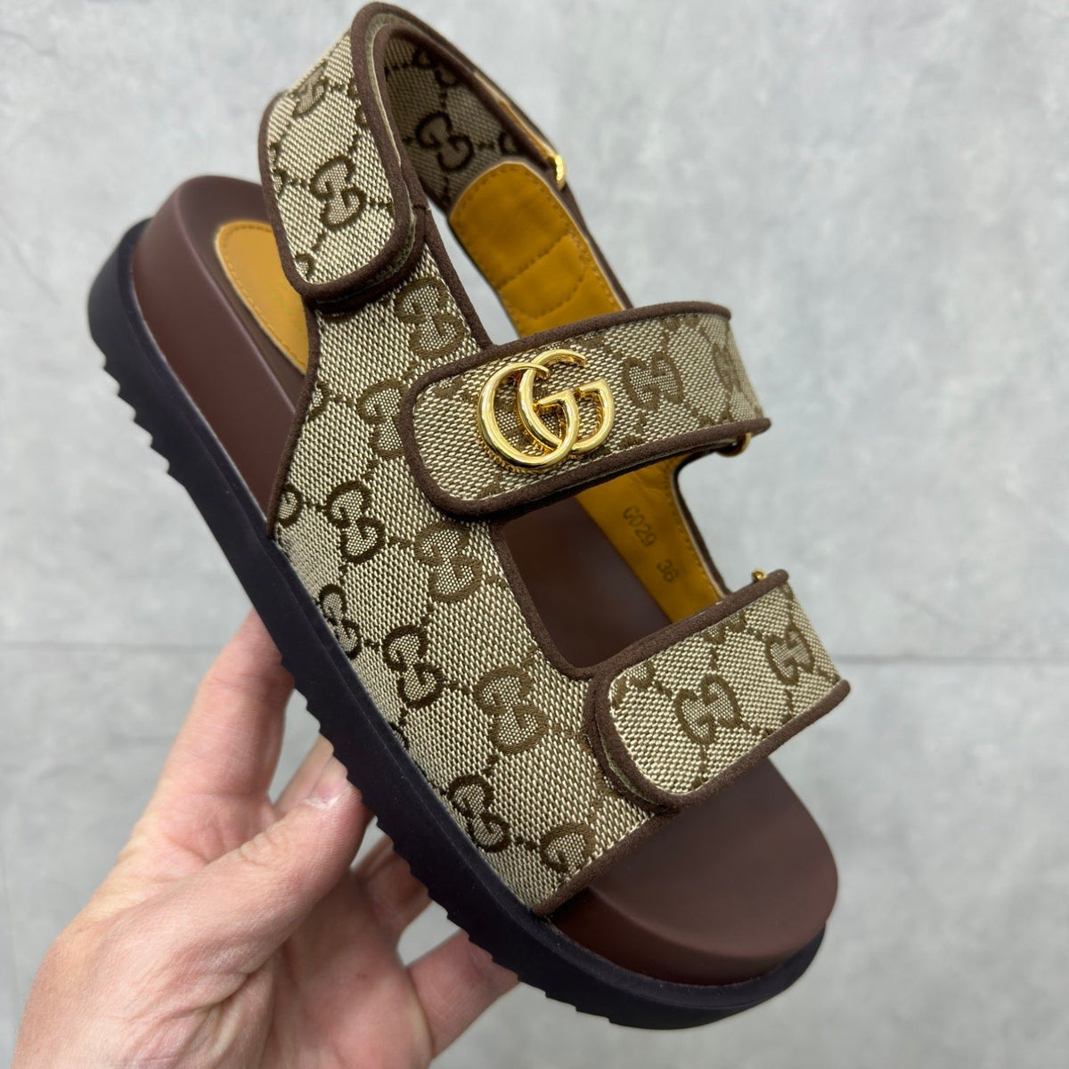 GG Slider Sandal with Double GG Canvas and Brown Heel