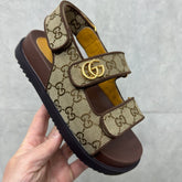 GG Slider Sandal with Double GG Canvas and Brown Heel