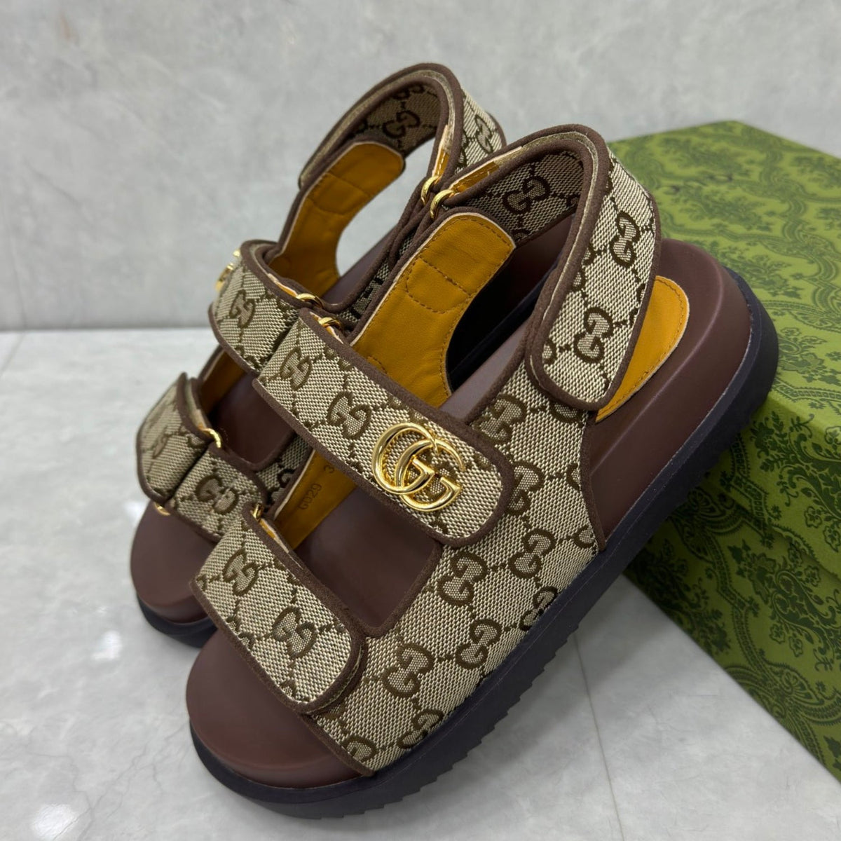 GG Slider Sandal with Double GG Canvas and Brown Heel