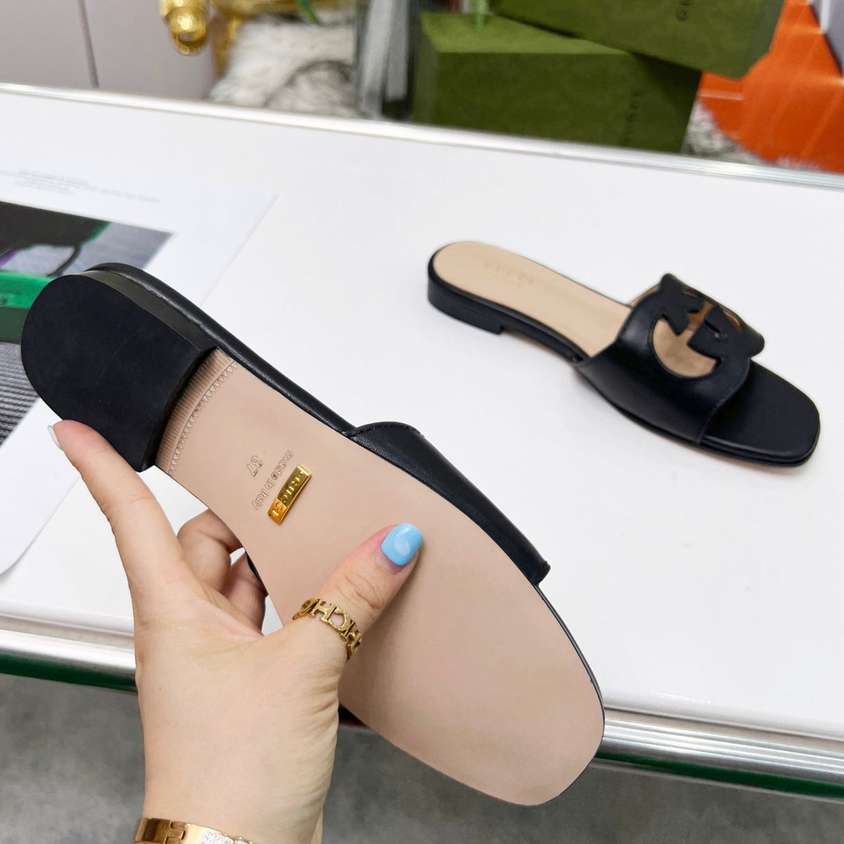 GG Leather Sandal with Black GG Interlocking