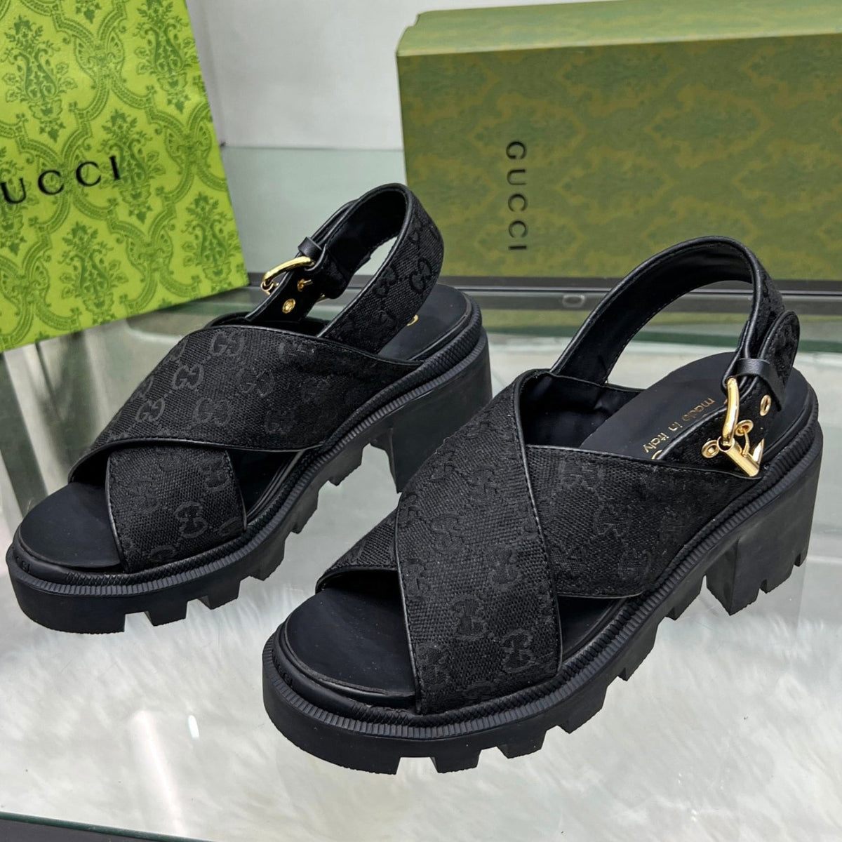 GG Lug Sole Black Canvas Sandal
