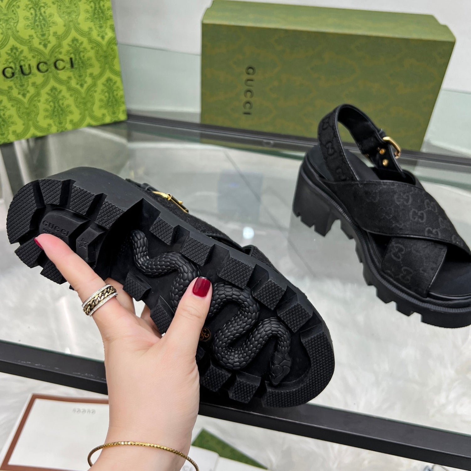 GG Lug Sole Black Canvas Sandal