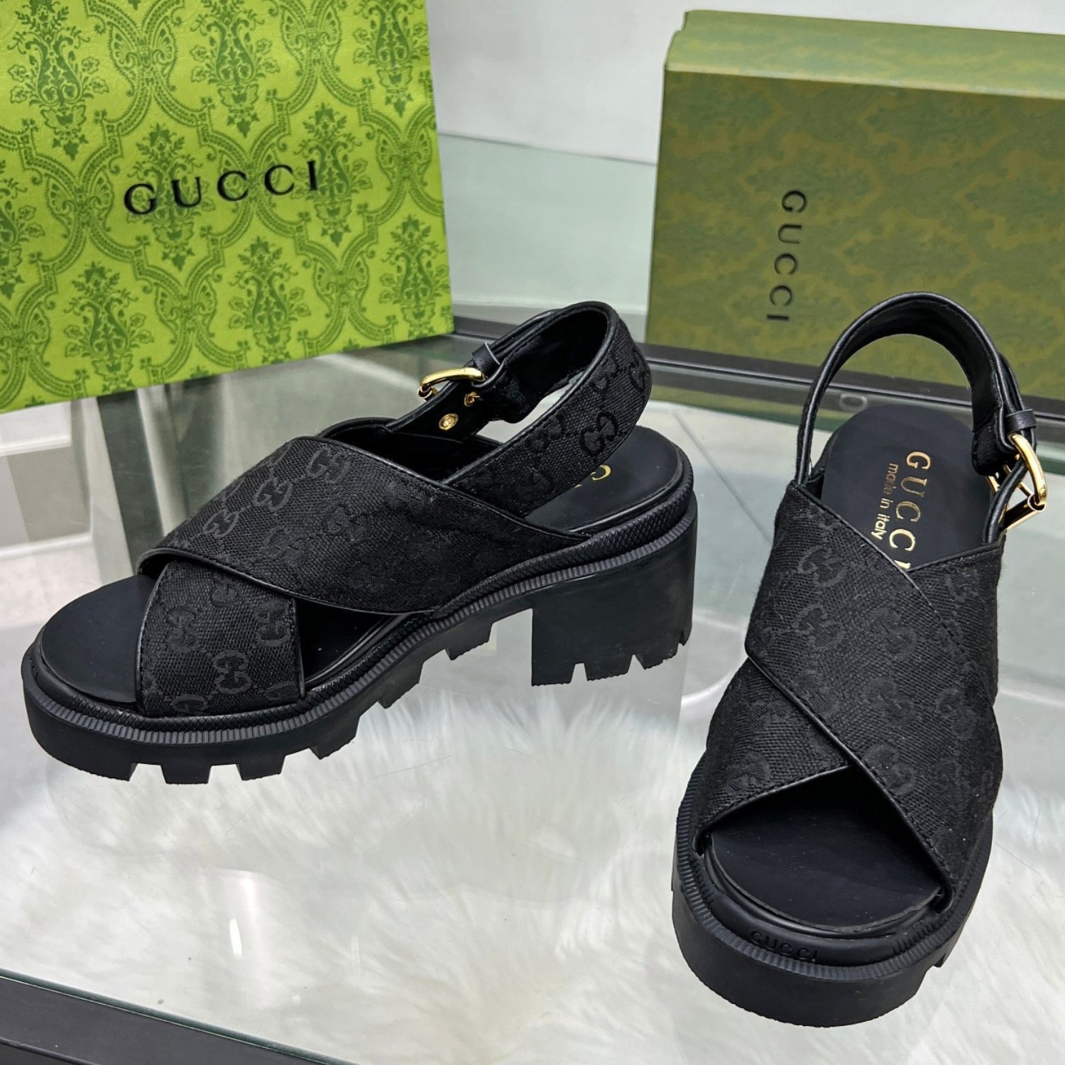 GG Lug Sole Black Canvas Sandal