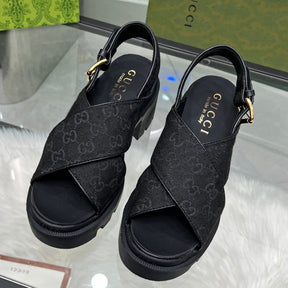 GG Lug Sole Black Canvas Sandal