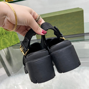 GG Lug Sole Black Canvas Sandal