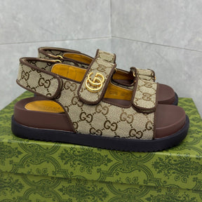 GG Slider Sandal with Double GG Canvas and Brown Heel