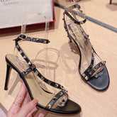 VLT Black Matte Leather Sandal with details, 8cm heel