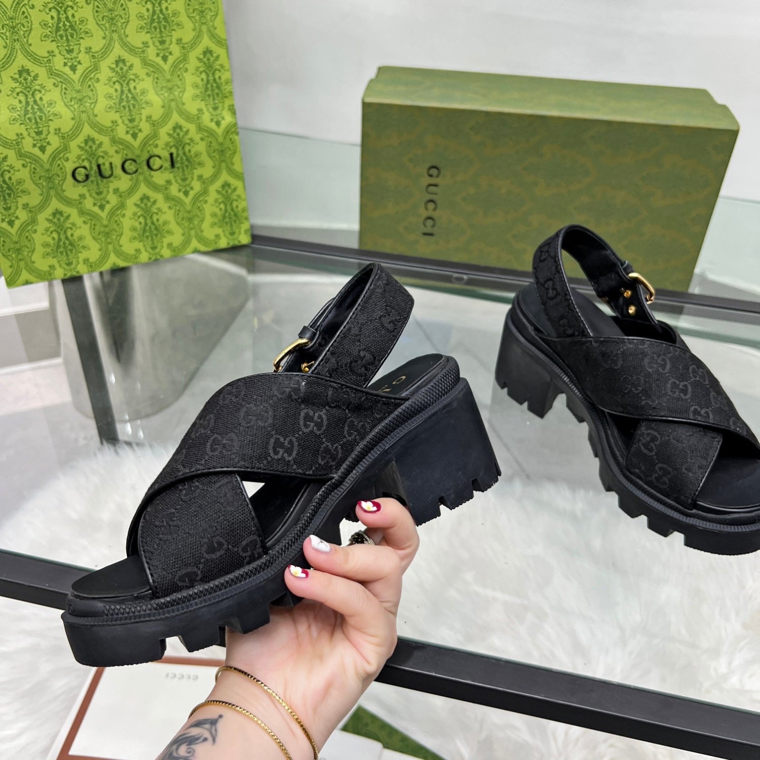 GG Lug Sole Black Canvas Sandal