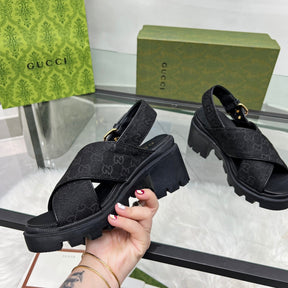 GG Lug Sole Black Canvas Sandal