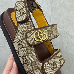 GG Slider Sandal with Double GG Canvas and Brown Heel
