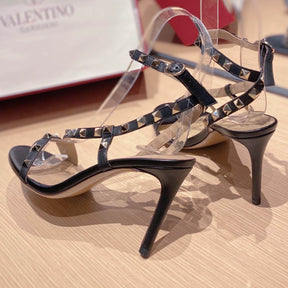 VLT Black Matte Leather Sandal with details, 8cm heel