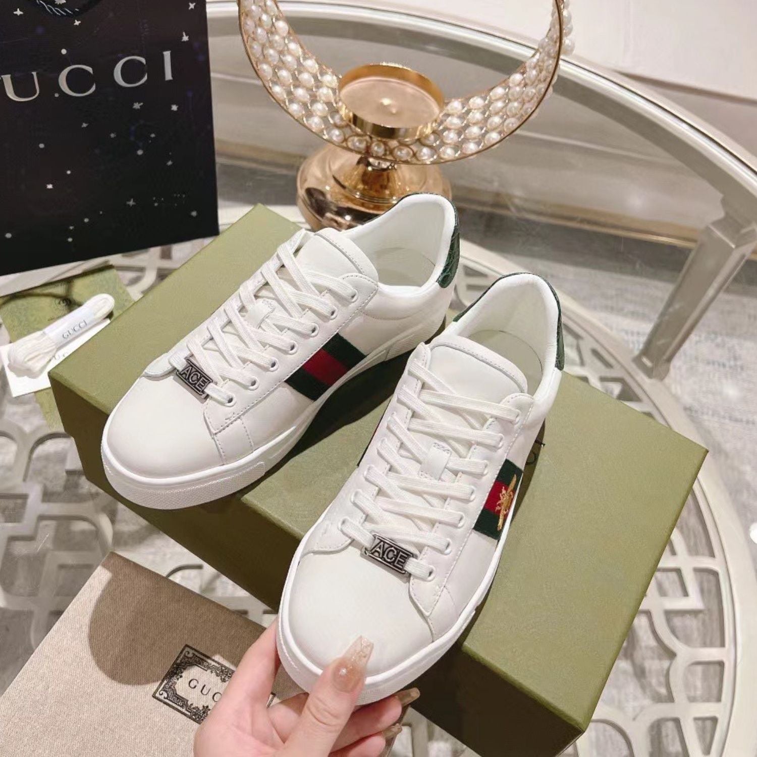 GG Ace Web Tennis Shoes with White Bee