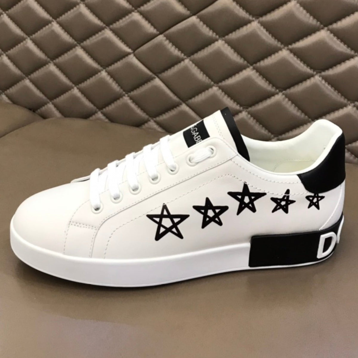 DG Portofino White Leather Sneakers with Black and Star Details