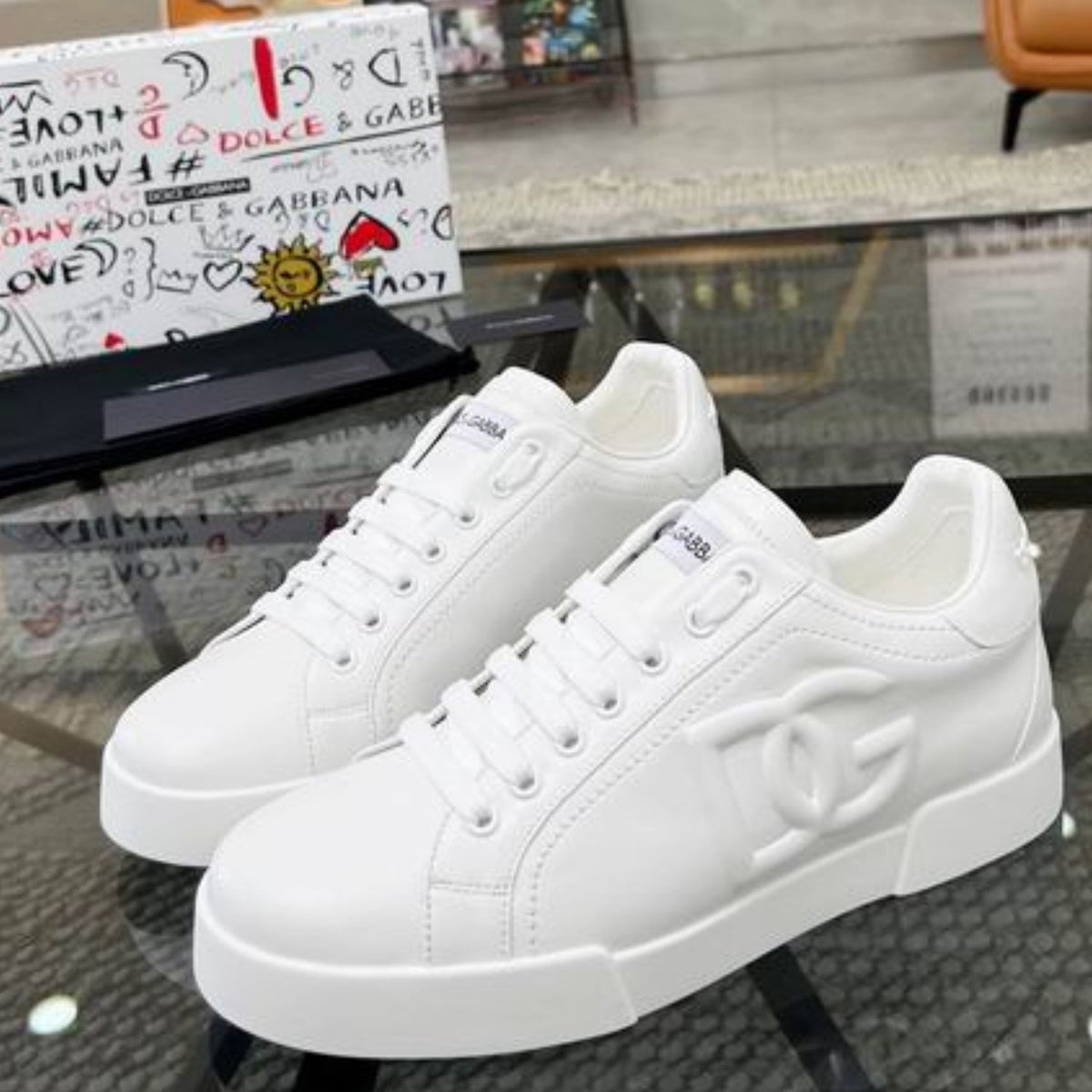 DG Portofino All-White Leather Sneakers with Embossed Side Logo