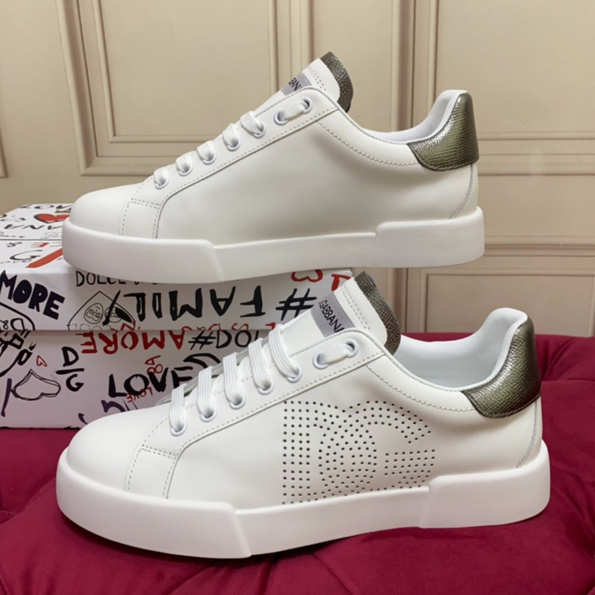 DG Portofino Leather Sneakers with White and Silver Logo