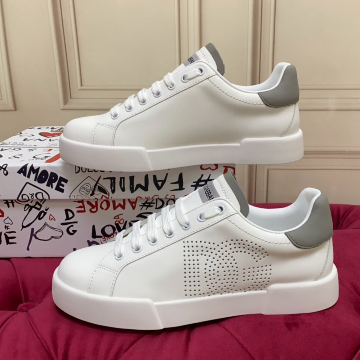 DG Portofino Leather Sneakers with White and Gray Logo