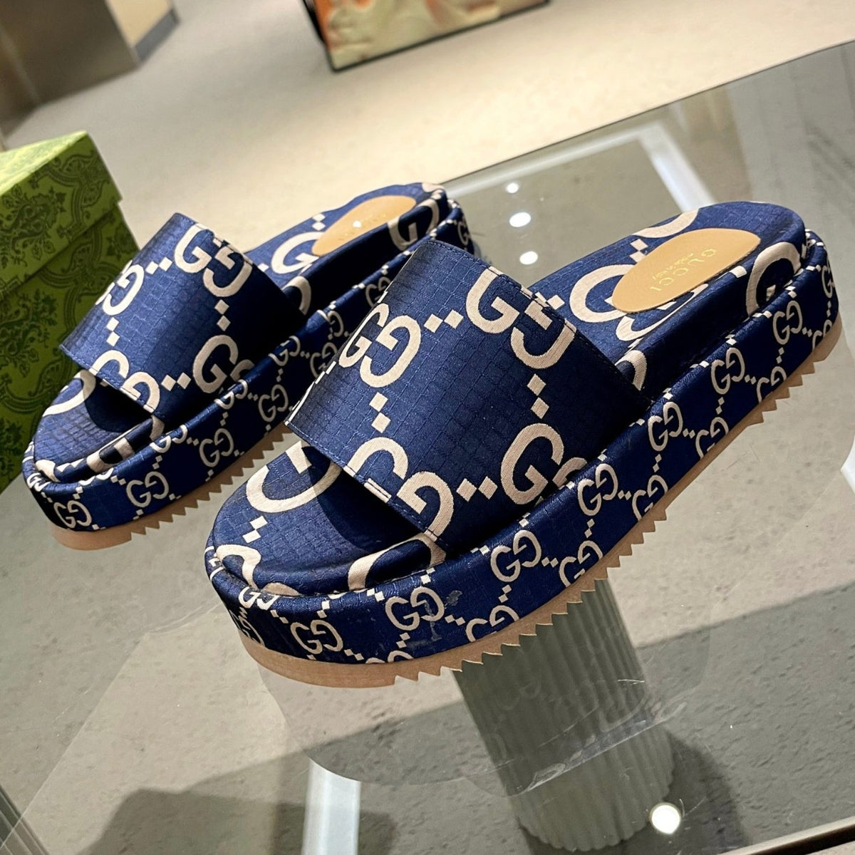 GG Platform Slider Sandal in Blue with Print