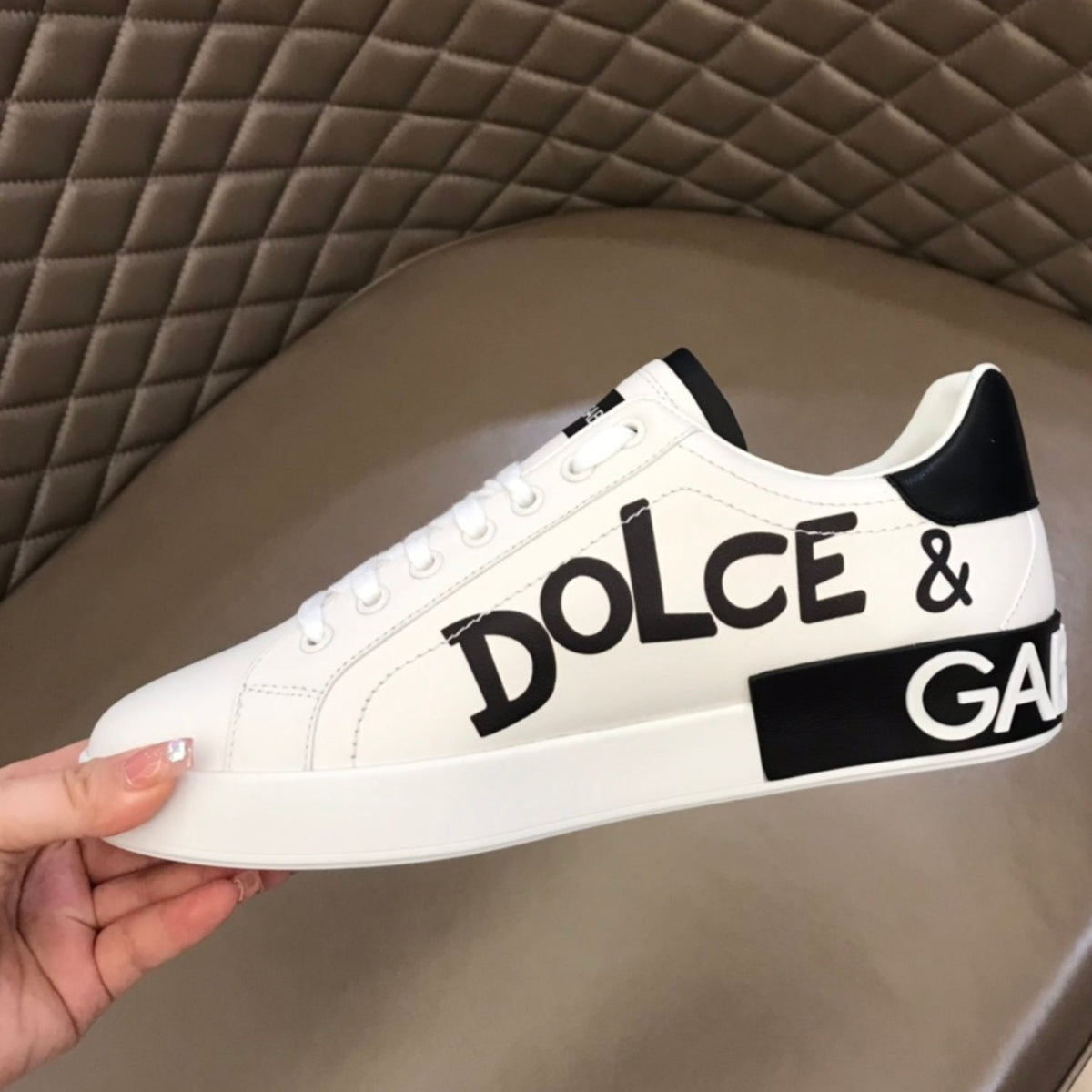 DG Portofino White Leather Sneakers with Black and Star Details