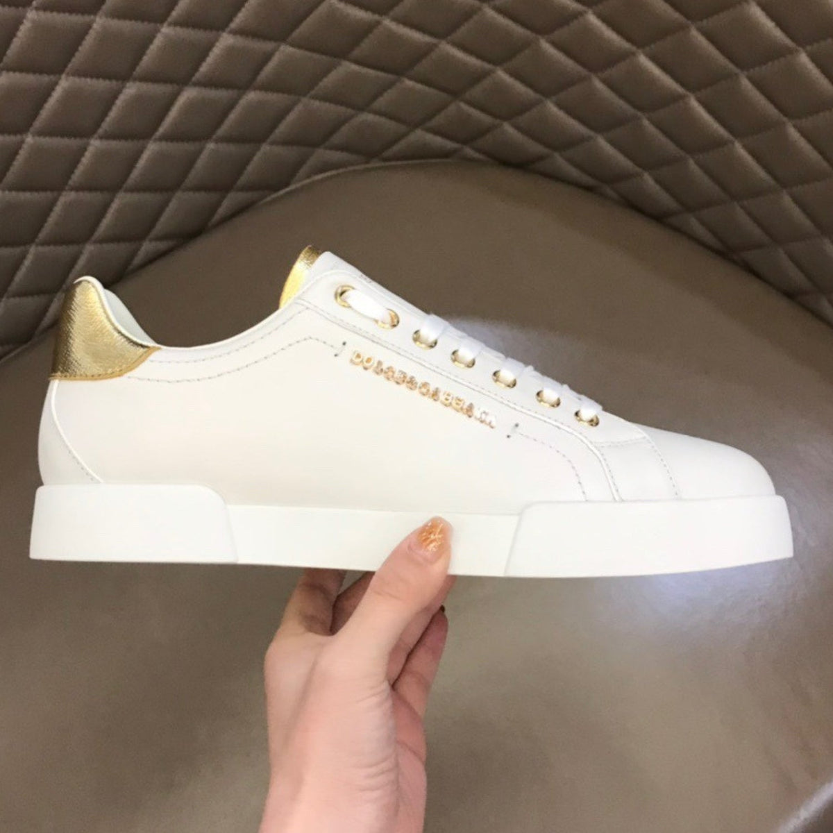 DG Portofino Smooth Leather White and Gold Sneakers