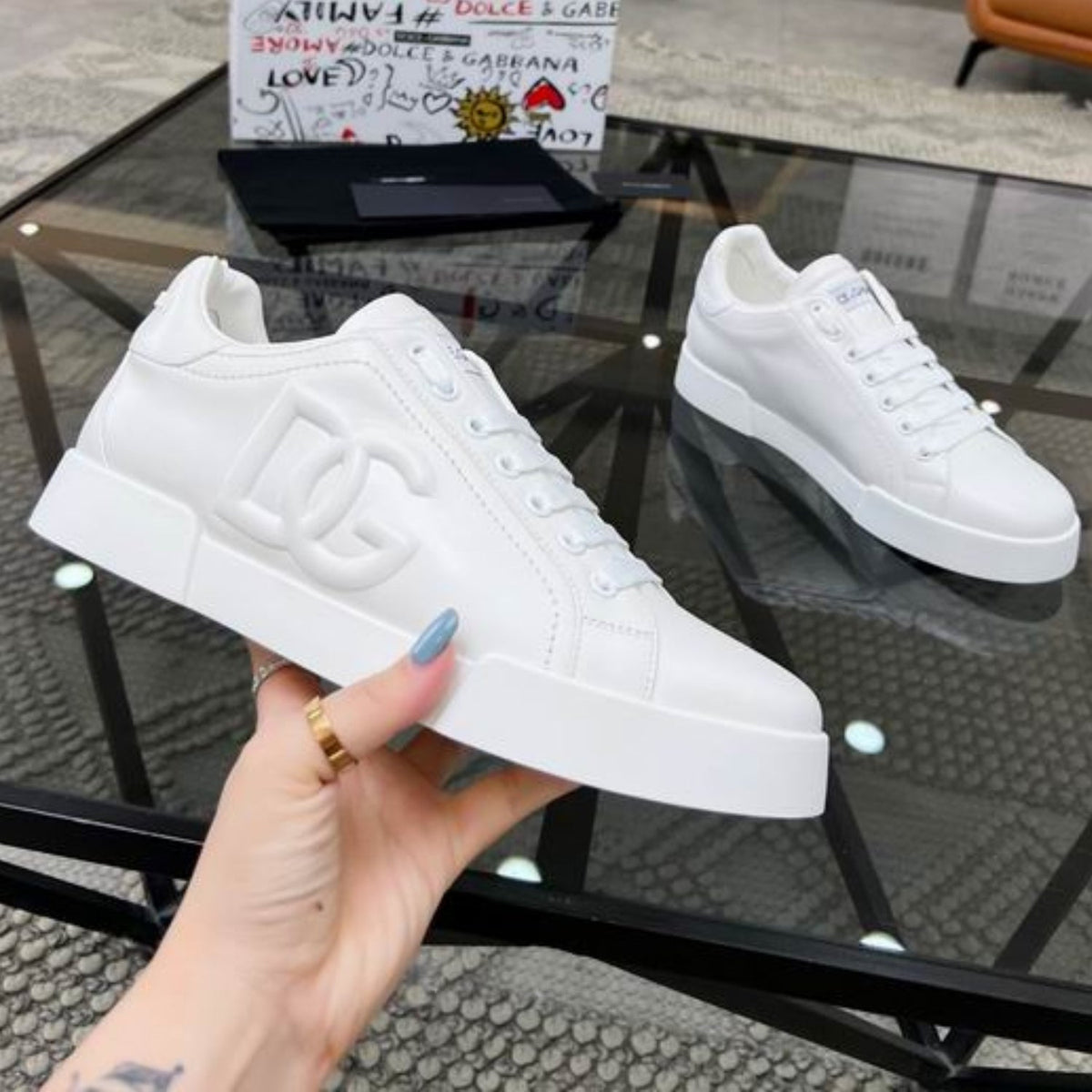DG Portofino All-White Leather Sneakers with Embossed Side Logo