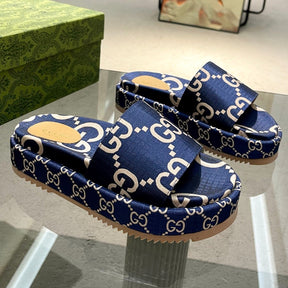 GG Platform Slider Sandal in Blue with Print
