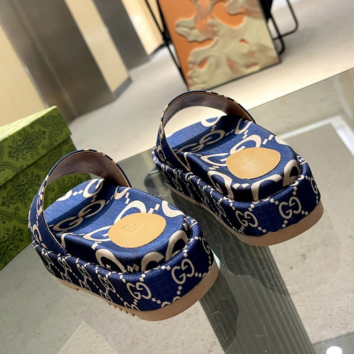 GG Platform Slider Sandal in Blue with Print