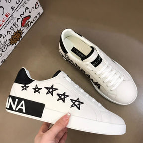 DG Portofino White Leather Sneakers with Black and Star Details