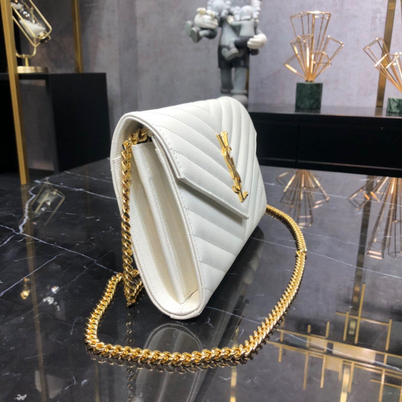 YSL Small White Monogram Bag with Gold Logo