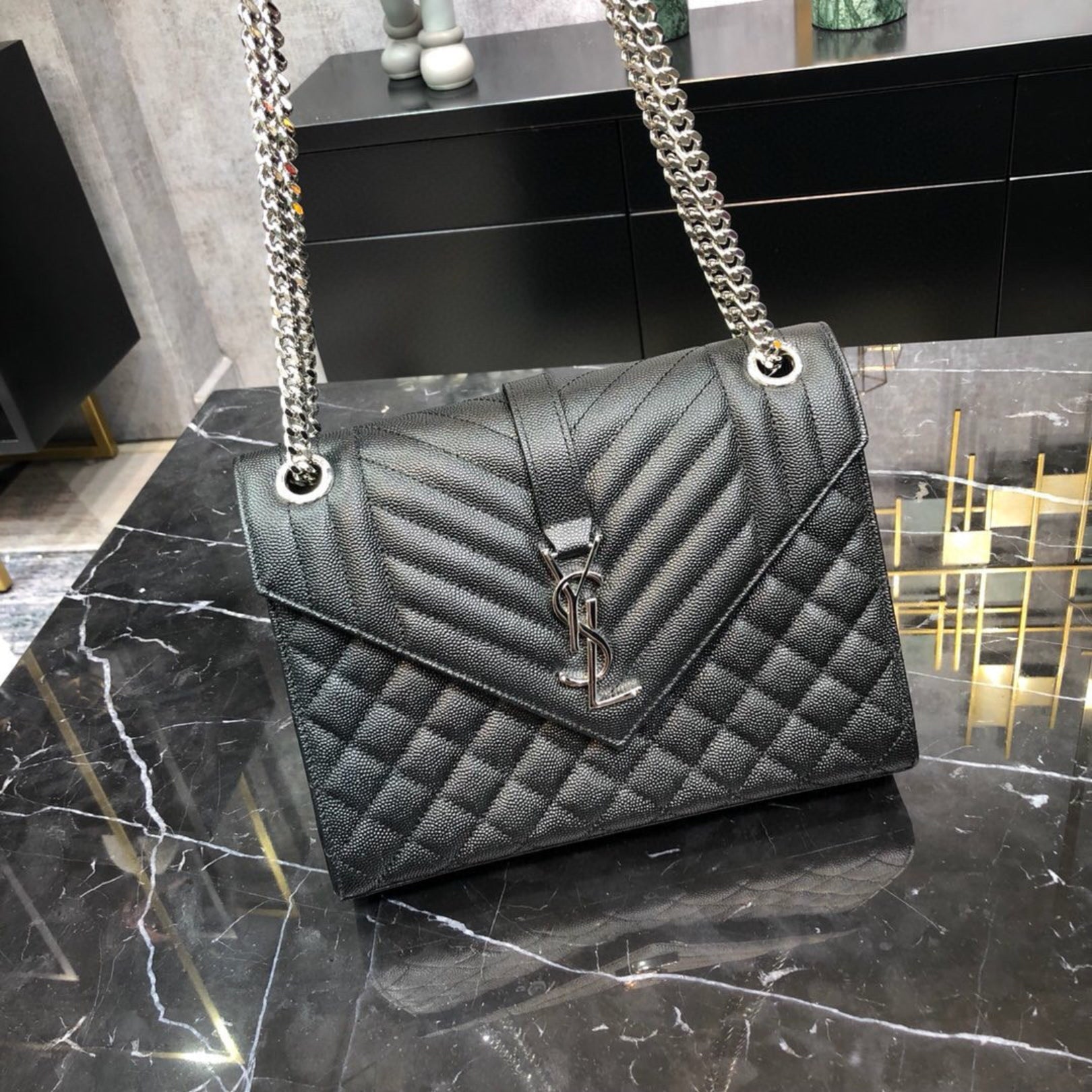 YSL Medium Envelope Shoulder Bag Black 24cm