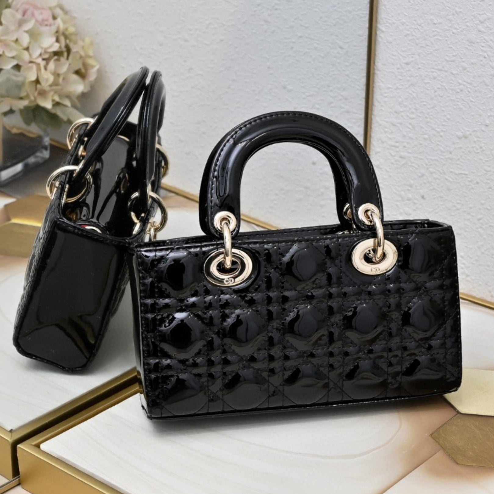 Dio Lady Joy Small Black Patent Leather Bag 22cm