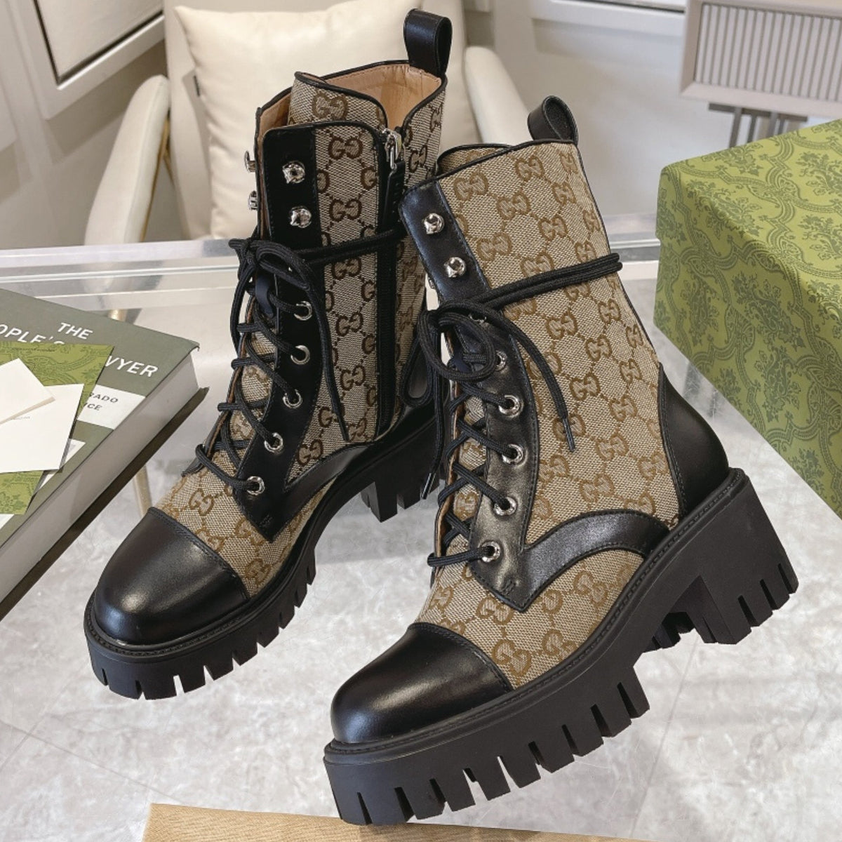GG quilted boot with 60mm heel, mid-calf beige canvas
