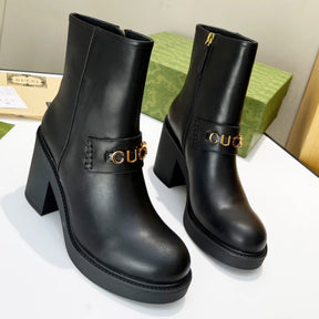 Black GG leather boot with logo